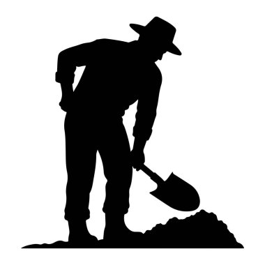 Şapka ve uzun kollu gömlek giyen siyah siluet bir kürekle toprak yığınını eşeliyor. Eğiliyor, bir eli kürek sapında, diğeri de kalçasında. Resim beyaz bir arkaplanda izole edilmiştir.