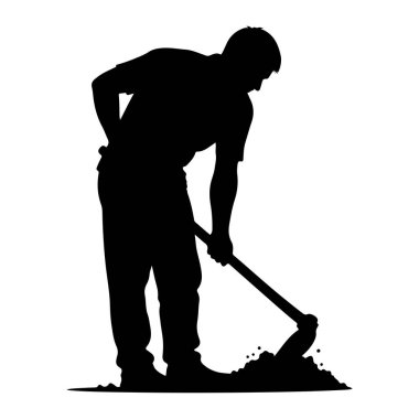 Yandan siyah bir siluet tasvir edilir, eğilir ve bir çapayla toprağı kazar. Alet aşağıya doğru açılandırılmış, zemini kırıyor, çapanın bıçağının etrafında küçük toprak yığınları görülüyor. Adamın duruşuna bakılırsa...