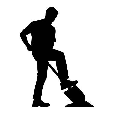 Bir adamın siyah silueti profil ile tasvir edilir, kazma eylemiyle ilgilidir. Yakalı bir gömlek ve pantolon giyiyor, bir ayağı bir kürek içine gömülmüş bir kürek bıçağının üzerine yerleştirilmiş. Kürek sapı yukarı doğru uzanıyor.