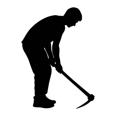 Elinde baltayla eğilmiş siyah bir adam silueti. Adam gündelik giysiler giyiyor ve görünüşe göre toprağı kazıyor. Resim beyaz bir arkaplanda izole edilmiştir.