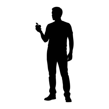 Siyah bir siluet beyaz bir arkaplanda duruyor. Günlük kıyafetler giyiyor, tişört ve pantolon da dahil. Sağ elinde, küçük bir elma tutuyor. Bu figür tepeden tırnağa tasvir edilir..
