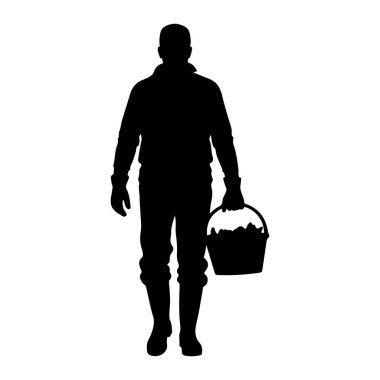 Siyah bir siluet beyaz bir arkaplanda duruyor. Ceket, eldiven ve bot giyiyor. Sağ elinde bir kova dolusu üretilmiş ya da toplanmış ürünler var..