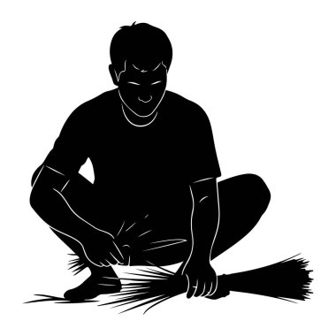 Elinde doğal malzemelerden yapılmış süpürge tutan çömelmiş bir adamın siyah silueti. Adam tişört ve şort giyiyor. Süpürgenin kalın bir kıl yumağı var. Görüntü basit bir grafik çizimi ve beyaz çizgiler 