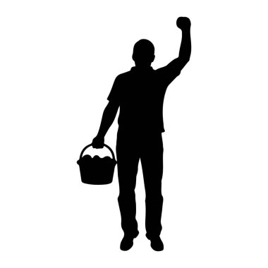 Siyah bir siluet beyaz bir arkaplanda duruyor. Sol elinde bir kova tutuyor ve sağ kolu bir yumrukla yukarı doğru kalkıyor. Kovada bazı eşyalar var. Adam günlük giysiler giyiyor..