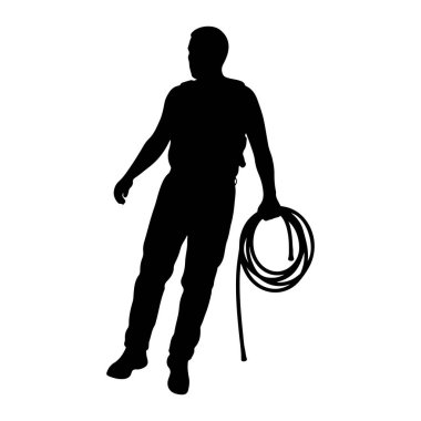 Siyah bir siluet beyaz bir arkaplanda duruyor. Günlük kıyafetler giyiyor ve sağ elinde sarmalanmış bir ip tutuyor. Adam soluna bakıyor..