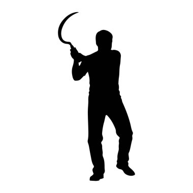 Siyah bir siluet beyaz bir arkaplanda duruyor. Elinde iki eliyle bir orak ya da tırpana benzeyen kavisli bir bıçak var. Alet kafasının üstünde ve arkasında konumlandırılmış. Bu da sallanmak ya da sallanmaya hazırlanmak anlamına geliyor.