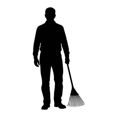 Elinde tırmık tutan bir adamın siyah silueti. Adam uzun kollu ve pantolonlu ve görünüşe göre iş üniforması giyiyor. Tırmık sağ elinde tutuluyor, dişleri aşağıya bakıyor. Arkaplan düz beyaz.