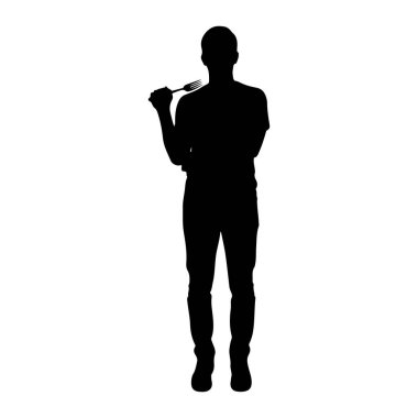 Beyaz bir arkaplana karşı duran siyah bir siluet. Günlük giysiler giyiyor ve yüzüne yakın bir çatal tutuyor. Çatal, dişleri yukarıya dönük şekilde yerleştirilmiş..