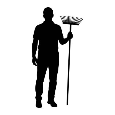Elinde tırmık tutan bir adamın siyah silueti. Adam yakalı bir gömlek ve pantolon giyiyor. Tırmığın uzun bir sapı ve birden fazla dişli fan şeklinde bir kafası var. Arkaplan beyaz.