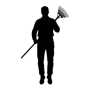 Ayakta duran ve tırmık tutan bir adamın siyah silueti. Adam yakalı bir gömlek ve pantolon giyiyor. Tırmığın uzun bir sapı ve birden fazla dişli fan şeklinde bir kafası var. Siluet beyaz bir arkaplanda izole edilmiş..