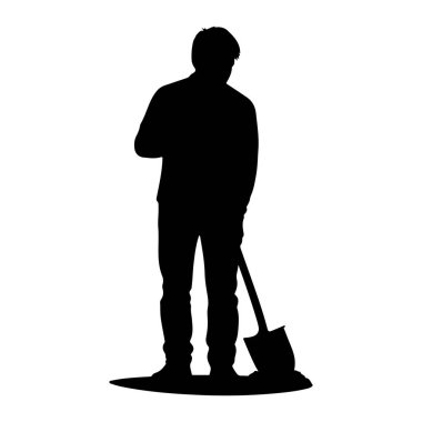 Elinde kürek tutan siyah bir adam silueti. O, pantolon ve gömlek de dahil olmak üzere günlük giysiler giyiyor. Kürek dikey olarak onun yanına yerleştirilmiş, bıçağı da yerde duruyor. Şekil beyaz bir arkaplanda izole edilmiştir..