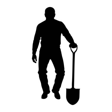 Elinde kürek tutan siyah bir adam silueti. Adam uzun kollu ve pantolonlu. Küreğin uzun bir sapı ve geniş bir bıçağı var. Arkaplan beyaz.