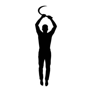 Beyaz arka planda siyah bir adam silueti tasvir edilir. Kollarını başının üstüne kaldırmış, iki elinde de bir orak tutuyor. Orak kıvrımlı ve keskin. Adam hareket halinde gibi görünüyor, muhtemelen atlıyor ya da saldırıyor. Onun. 