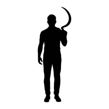 Elinde orak tutan bir adamın siyah silueti. Orağın kavisli bir bıçağı var ve adamın kafasının üstünde ve arkasında tutuluyor. Adam tepeden tırnağa tasvir ediliyor, kolları ve bacakları yan yana. Arka plan bembeyaz..