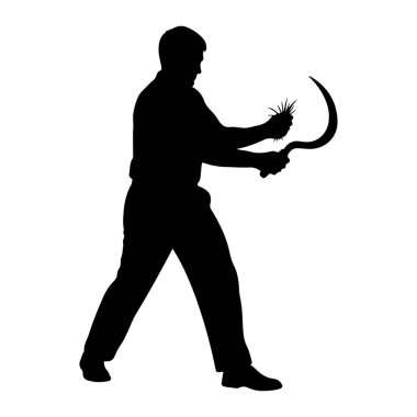 Siyah silueti olan bir adam bedeni sola dönük duruyor. Sağ elinde kavisli bir orak ve sol elinde dikenli bir bitki tutuyor. Adam pantolon ve gömlek giyiyor. Arkaplan düz beyaz.