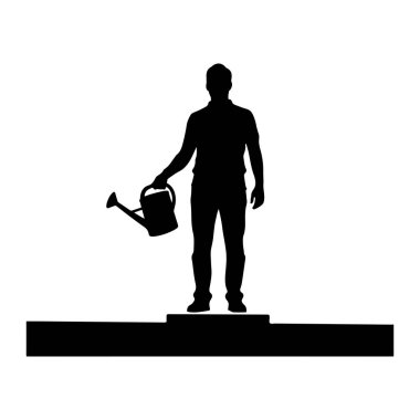 Siyah siluet bir adam kaldırılmış bir platformda duruyor, sol elinde bir su bidonu var. Adam boyundan aşağısı tasvir edilmiş, yakalı bir gömlek ve pantolon giyiyor. Sulama kabının sapı ve ağzı var. Arkaplan düz beyaz.