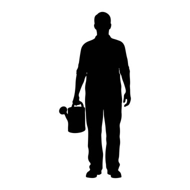 Sol elinde sulama tenekesi tutan siyah bir siluet. Önüne bakıyor ve yakalı bir gömlek ve pantolon giyiyor gibi görünüyor. Arkaplan beyaz.