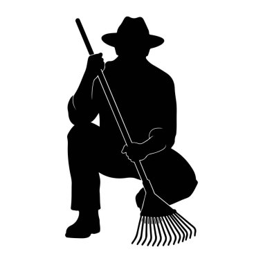 Şapka takan ve tırmık tutarken çömelmiş siyah bir siluet. Şekil belden yukarısına doğru çizilmiş ve tırmık dikey olarak yanlarında durmuştur. Siluet beyaz bir arkaplanda yalın.