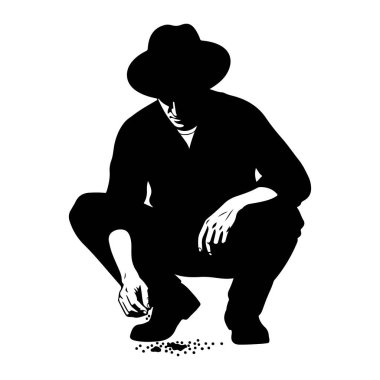 Şapka takan bir adamın siyah silueti çömelmiş şekilde tasvir edilir. Başı eğik ve sağ eli beyaz bir arka plan üzerine parmakları hassas bir şekilde küçük, koyu, dairesel nesneler saçıyor. Bu nesnelerin bazıları clus gibi görünüyor.