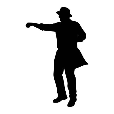 Bir şapka ve gömlek giyen bir adamın siyah silueti dinamik bir pozla tasvir edilir. Sol kolu dirsekten bükülüyken, sağ kolu yumruk hareketinde öne doğru uzanıyor. O pantolon ve ayakkabı giyiyor. Şekil bir w karşısında izole edilir.