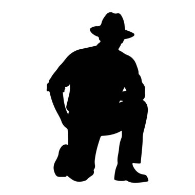 Fötr şapka takan bir adamın siyah silueti tek dizinin üzerinde tasvir edilir. O, sol eli dizinde ve sağ eli arkasında dinlenen yakalı bir gömlek ve pantolon giydi. Şekil, düz beyaz bir ba 'ya karşı izole edilmiştir.