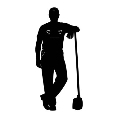 Siyah bir siluet. Tulum giyen ve kolları süpürgede dinlenen bir adamın şapkası. Bacak bacak üstüne atmış ve ara vermiş gibi görünüyor. Görüntü, beyaz arkaplanda basit ve izole bir grafiktir..