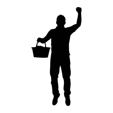 Bir adamın siyah silueti beyaz bir arka plana atlarken resmedilir. O, sol elinde bir kova tutuyor ve sağ kolunu bir yumrukla kaldırıyor, bir kutlama veya başarı duygusu iletiyor. Bu figür günlük giysiler giyiyor, İnclu.