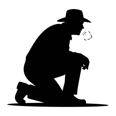 Kovboy şapkası takan bir adamın siyah silueti yerde diz çöküyor. Ağzından çıkan buhar ya da nefesi temsil eden stilize çizgilerle nefes veriyor. Şekil beyaz bir arkaplanda izole edilmiştir..