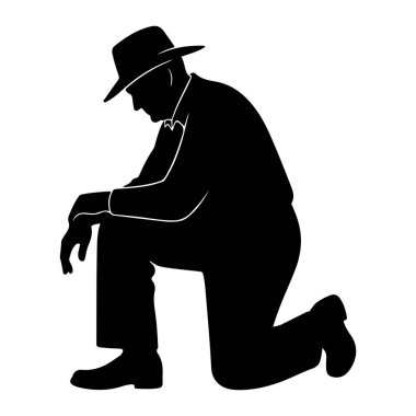 Diz çökmüş bir adamın siyah silüeti. O bir şapka ve papyon takıyor. Başı eğik ve elleri dizlerinin üzerinde dinleniyor. Resim beyaz bir arkaplanda izole edilmiştir.