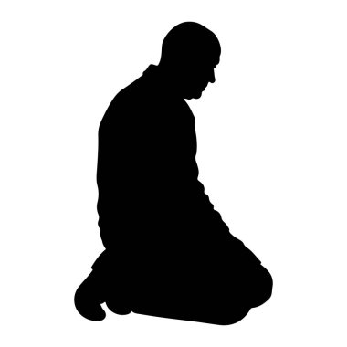 Siyah bir siluet. Diz çöküp başını eğip dua eden bir adam. Şekil, düz beyaz bir arkaplanda izole edilmiştir. Duruş derin düşüncelere ya da bağlılığa işaret ediyor..