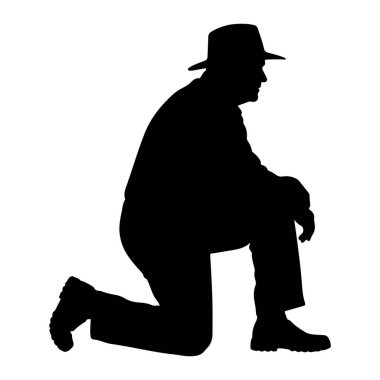 Şapka ve bot giyen bir adamın siyah silueti beyaz arka planda diz çökerken görülüyor. Adam profilden sağa bakıyor..