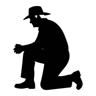 Geniş kenarlı şapka takan bir adamın siyah silueti dizlerinin üzerine çöküyor. Onun elleri onun önünde birbirine kenetlenmiştir ve başı eğilmiştir. Şekil beyaz bir arkaplanda izole edilmiştir..