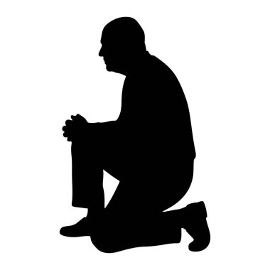 Siyah bir adam silueti dizlerinin üzerine çökmüş ve elleri önünde kenetlenmiş olarak tasvir edilir. O, başı hafifçe eğilmiş bir şekilde profilden sola bakıyor. Siluet beyaz bir arkaplana karşı temiz ve izole, duruşu vurguluyor