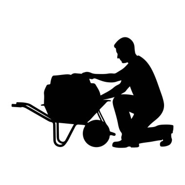 El arabasının yanında diz çökmüş bir adamın siyah silueti. El arabasının havzasına doğru uzanıyor, yüklüyor ya da boşaltıyor gibi görünüyor. El arabasının iki kolu ve tek tekerleği var. Arkaplan beyaz.