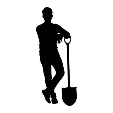 Siyah bir adam silueti bir küreğe yaslanmış duruyor. Günlük kıyafetler giyiyor ve kolları kürek sapının üzerinde çapraz duruyor. Küreğin geniş bir bıçağı ve uzun bir sapı var. Arkaplan düz beyaz.