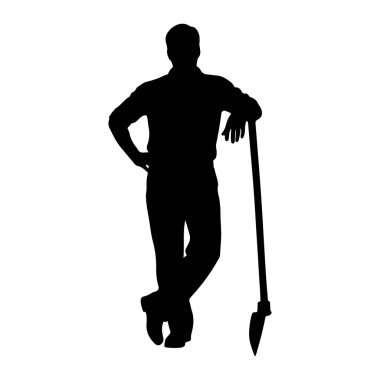 Siyah bir siluet, ayakta duran ve küreğe yaslanan bir adam. O yakalı bir gömlek ve pantolon giyiyor. Sol eli kalçasında ve sağ kolu da kürek sapının üzerinde duruyor. Bacakları ayak bileklerinden çaprazlanmış. Kürekte sivri uçlu bir bıçak var.