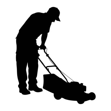 Siyah bir siluet, kep takan ve tişört giyen biri eğilmiş, çim biçme makinesini itiyor. Adamın bacakları görünür, ayakkabı giyiyor. Çim biçme makinesinin tekerlekleri ve sapı var. Görüntü, beyaz bir arka plana karşı katıksız siyah beyaz bir illüstrasyon.