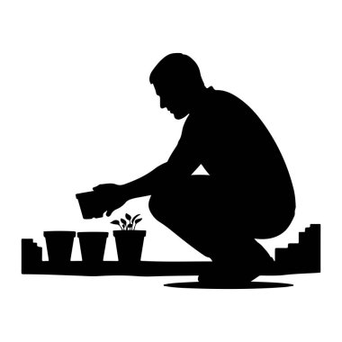 Çömelmiş bir adamın siyah silueti çömelmiş bir çömleğe küçük bir tohum ekiyor. Elinde başka bir saksı tutuyor, muhtemelen toprak ya da bitki taşımak için. Önündeki rafta dizilmiş bir sürü çömlek var. Arkaplan beyaz.
