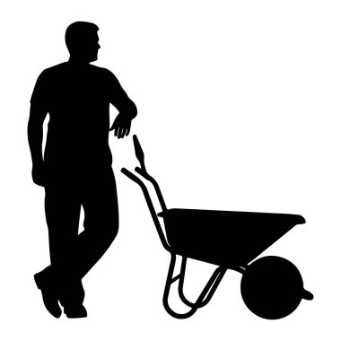 Siyah siluet bir adam sol tarafta duruyor, kolunu bir el arabasının sapına dayıyor. El arabası adamın sağ tarafında, havzası öne dönük ve tekerleği görünür durumda. Arka plan bembeyaz..