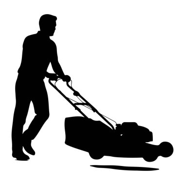 Beyaz arka planda çim biçme makinesini iten bir adamın siyah silueti. Adam yandan tasvir ediliyor, çim biçme makinesinin saplarını tutarken vücudu hafifçe öne bakıyor. Çim biçme makinesi de siluette, tekerleklerini ve motorunu gösteriyor. 