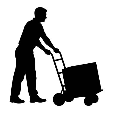 Tekerlekli arabayı iten bir adamın siyah silüeti. Adam yakalı bir gömlek ve pantolon giyiyor. Araba büyük bir kutu ya da eşya taşıyor gibi görünüyor. Arka plan bembeyaz..