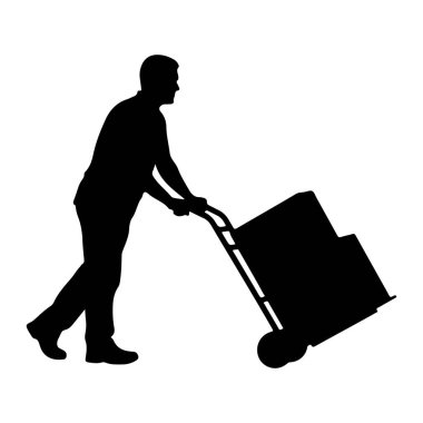 Beyaz arka planda bir kutuyla dolu bir tramvayı iten siyah bir siluet. Adam yandan gösteriliyor, ileri doğru yürüyor ve tramvayın kollarını tutuyor. Tramvayın iki tekerleği ve metal çerçevesi var..