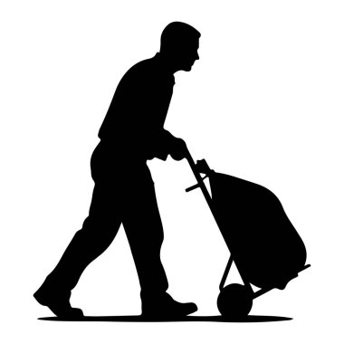 Siyah bir siluet, yürüyen ve tekerlekli bir arabayı iten bir adam. Arabanın üzerinde büyük bir çanta var. Adam yakalı bir gömlek ve pantolon giyiyor. Arkaplan beyaz.