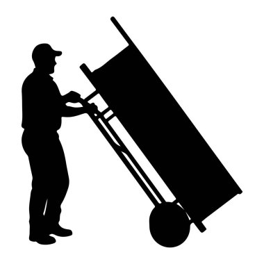 Şapka ve üniforma giyen bir adamın siyah silueti geniş, açılı tekerlekli bir arabayı itiyor. Araba kargo taşıyor gibi görünüyor. Resim beyaz bir arkaplanda izole edilir, bir teslimat veya ulaşım çalışmasının temiz ve grafik bir çizimini oluşturur