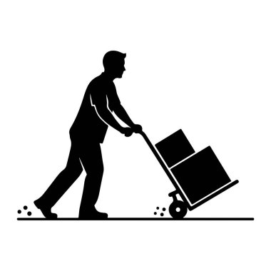 İki kutu dolu bir el arabasını iten bir adamın siyah silueti. Adam profilde öne doğru yürüyor ve el arabasının saplarını tutuyor. Arabanın tek tekerleği ve kutuları destekleyen bir platformu var. Küçük noktalar traili gösterilir