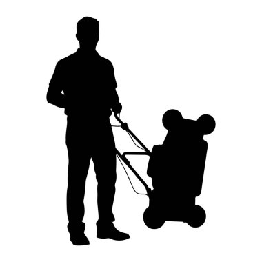 Bir adamın siyah silueti belden yukarısı, ayakta duran ve bir çim biçme makinesini iten tasvir edilir. Çim biçme makinesi de siyah bir siluettir ve adamın önünde konumlandırılmıştır. Arkaplan düz beyaz.