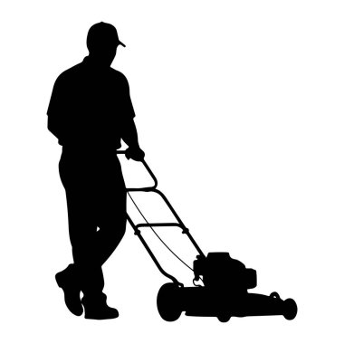 Şapka ve gömlek giyen birinin siyah silueti çim biçme makinesini itiyor. Kişinin yüzü seyirciden uzaklaşıyor ve yürürken bacakları hafifçe bükülüyor. Çim biçme makinesinin tekerlekleri ve sapı var. Görüntü temiz bir siluet. 