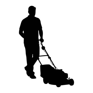 Çim biçme makinesini iten bir adamın siyah silueti beyaz arka plana karşı tasvir edilir. Adam tişört ve pantolon giyiyor ve elleri çim biçme makinesinin sapında. Çim biçme makinesi tipik bir çim biçme makinesi. Tekerlekleri ve çim koleksiyonu var.