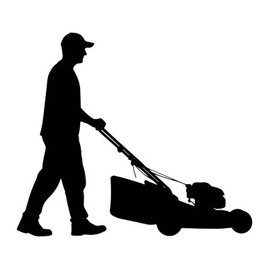 Beyzbol şapkası takan bir adamın siyah silueti çim biçme makinesini beyaz arka plana itiyor. Adam, çim biçme makinesinin sapını tutmak için sol kolu açık bir şekilde yandan resmedilmiş. Çim biçme makinesinin görünür bir motoru ve çim biçme makinesi var..