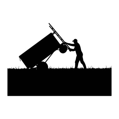 Siyah bir siluet, bir yana devrilmiş bir el arabasını iten, bir kep takan birini tasvir eder. Sahne, altında koyu dikdörtgen şeklinde bir şekil olan çimlerin üzerine kurulmuş. Bu da bir zemin ya da kenar olduğunu gösteriyor. Genel görüntü çok net.,